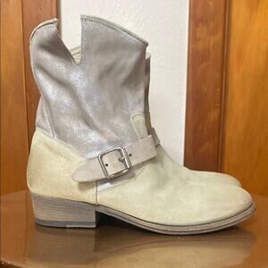 Pantanetti Leather Cowboy Boots Ankle Cream Iridescent Heeled Buckle Italian